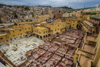 leather dying in a traditional tannery in the city fes, morocco. view of old medina in fes