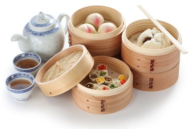 yumcha, dim sum in bamboo steamer, chinese cuisine