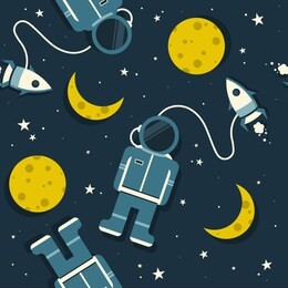 space rockets, astronauts, moon and stars, seamless pattern