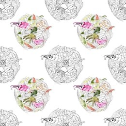 japanese food udon noodle with seafood seamless pattern watercolor and lineart on white background