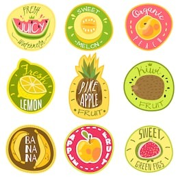 fruit labels. juice fresh and organic fruit cocktail natural vegan food farm emblem logo print sticker text cartoon vector templates isolated set