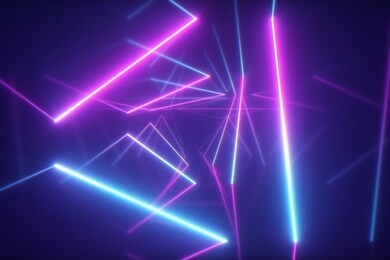 abstract flying in futuristic corridor with triangles background, fluorescent ultraviolet light, colorful laser neon lines, geometric endless tunnel, blue pink spectrum, 3d illustration