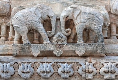 bas-relief with elephants at famous ancient jagdish temple in udaipur, rajasthan, india. it has been in continuous worship since 1651.