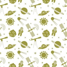 seamless pattern with telescope, ufo, satellite, planets, astronaut, orbital station, sun, stars. space exploration. astronomy. science.