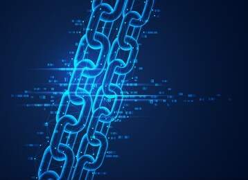 concept of block chain or cyberspace technology, realistic chain with low poly wireframe and binary code