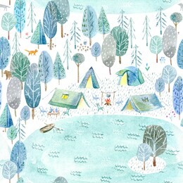 seamless pattern of a camping in the woods and lake.tent, trees, bonfire, plants,boat and floral.landscape tourism.watercolor hand drawn illustration.white background.