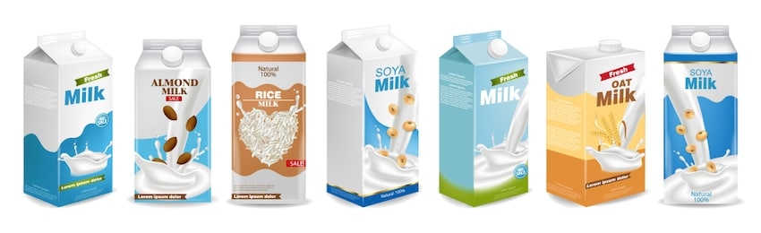 milk boxes set vector realistic. collection of regular milk, oats, soy, rice and almond milk. realistic 3d illustration sets