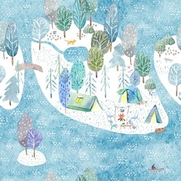 seamless pattern of a camping in the forest and lake.tent, trees, bonfire, plants,boat and floral.landscape tourism.watercolor hand drawn illustration.white background.