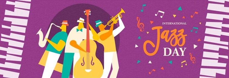international jazz day banner illustration of live music band playing diverse musical instrument in concert or festival event.