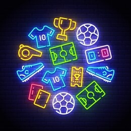 football icons set. soccer neon sign. bright signboard, light banner. neon isolated icon, emblem. uniform, cup, ball, whistle, soccer ball, football field, score, shoes, ticket