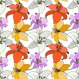 vector lily floral botanical flower. wild spring leaf wildflower isolated. black and white engraved ink art. seamless background pattern. fabric wallpaper print texture.