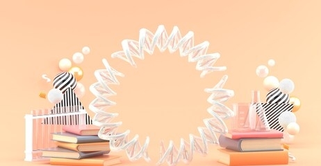 the dna circle is surrounded by books and science experiments on a pink background.-3d rendering.
