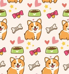 cute dog with toys and food kawaii background