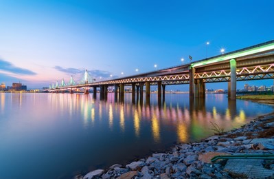 city of landmark buildings, modern bridge night view, china nanchang