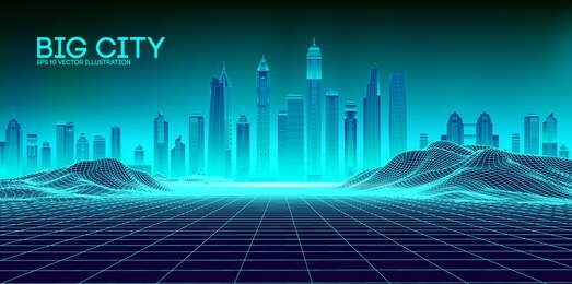 retro background futuristic landscape 1980s style. futuristic skyscraper city. digital landscape cyber surface. synth wave music album cover template : city, space, mountains . 80s retro sci-fi