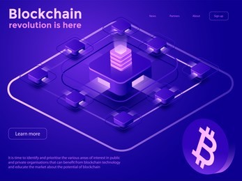 abstract blockchain isometric concept banner. modern concept of digital technology in the shape of block chain net. vector illustration.