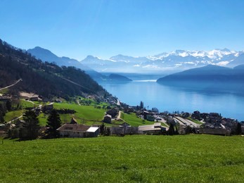 the village of weggis on the shore of lake lucerne or lake of the four forested settlements - canton of lucerne, switzerland