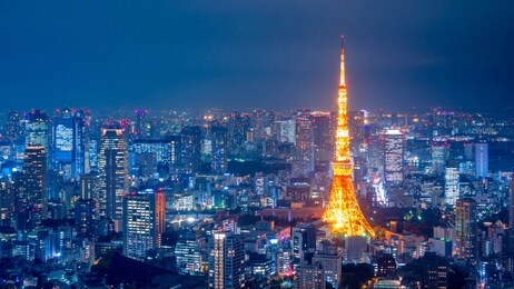 aerial view over tokyo tower and tokyo cityscape view from roppongi hills at night in tokyo,japan