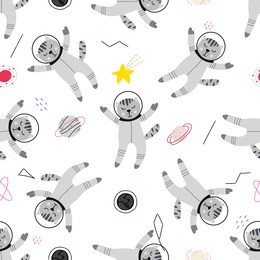 cute cartoon cat in space seamless pattern background. vector illustration. wrapping paper, kids textile, background fill . 
