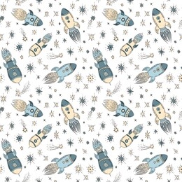 soaring rocket and stars sketch. hand drawn vector illustration in cartoon style. seamless pattern