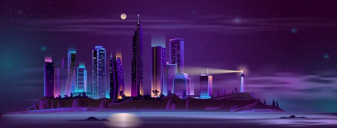 modern metropolis buildings on sea or ocean island steep shore with beach night landscape cartoon vector in neon colors. modern city skyline with futuristic skyscrapers and lighthouse illustration