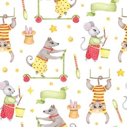 watercolor circus animal seamless pattern with monkey hanging on swing, dog riding on scooter, mouse playing on drum, rabbit in hat isolated. happy birthday festive carnival decoration illustration