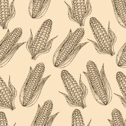 seamless pattern of hand drawn corn in the engraving style.