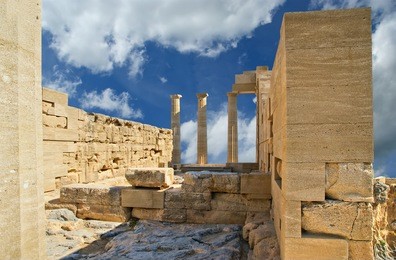 partially rebuilt temple of athena lindia at the acropolis of lindos, rhodes island, greece