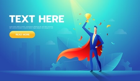 european businessman with cup on hand,winner or leader male character,isolated on blue background,flat vector illustration.