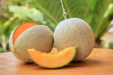 whole,part and sliced of japanese melons,honey melon or cantaloupe (cucumis melo) on wooden table with blurred garden background.favorite fruit in summer.food,fruits or healthcare concept.