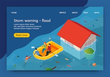 flat banner is written storm warning flood 3d. men and women float on flooded streets. people save drowning man from flooding. house flooded with water. vector illustration landing page.