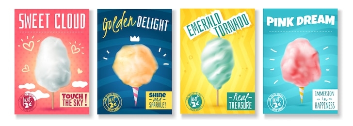 set of four isolated realistic candy sugar cotton posters with colourful compositions of images and text vector illustration