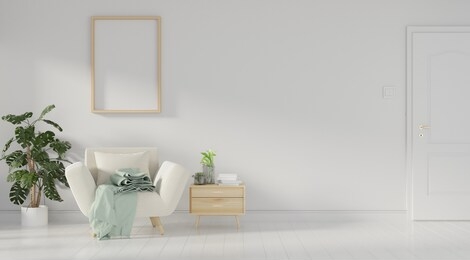 interior mock up with gray velvet sofa and table in living room with white wall. 3d rendering.