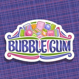 logo for bubble gum, white sign with heap of colorful chewing bubblegums and fruit gummy candies, original brush typeface for words bubble gum, vibrant illustration of different kid sweets.