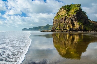 piha beach view with reflection in the sea with blue sky with white clouds above, northland, north island, new zealand
