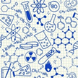 chemical doodles on school squared paper, seamless pattern