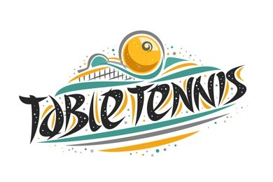 logo for table tennis, outline creative illustration of hitting ball in goal, original decorative brush typeface for words table tennis, simplistic sports banner with lines and dots on white.