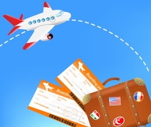 the concept of traveling - tickets with a suitcase and a plane