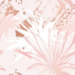 nature seamless pattern. hand drawn abstract tropical summer background: fan palm tree leaves, grunge brush strokes with glossy gradient effect vector art illustration in pastel gold rose pink color