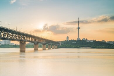 yangtze river bridge and modern architecture in wuhan, china