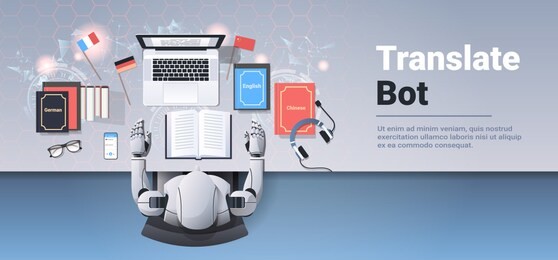 translate bot at workplace modern robot translating text document translation artificial intelligence concept top angle desktop view flat horizontal copy space