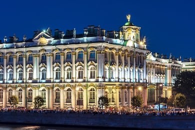 hermitage museum (winter palace) and neva river at night, saint petersburg, russia