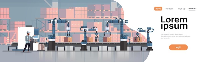 man engineer controlling conveyor belt line robotic hands factory automation production manufacturing process concept warehouse storage interior horizontal copy space vector illustration