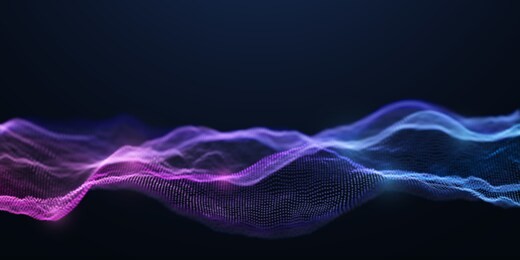 blue and purple wavy particle surface on black background. abstract technology or science banner. cyber space background. particles with dof effect. eps10 vector illustration.