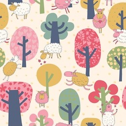 bright background with sheep and trees. cartoon summer wallpaper.seamless pattern can be used for wallpapers, pattern fills, web page backgrounds, surface textures.