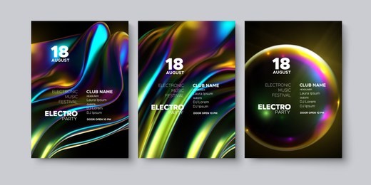 electronic music festival advertising poster. modern club electro party invitation. vector illustration with 3d abstract iridescent gradient shapes. dance music event cover