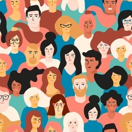 vector seamless pattern with young men and women with different skin color. design element.