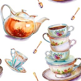 party colorful tea cups and saucers closeup. sketch handmade. postcard for valentine's day. watercolor illustration. seamless pattern
