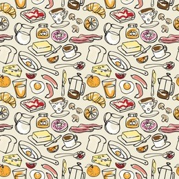 various breakfast items seamless vector pattern