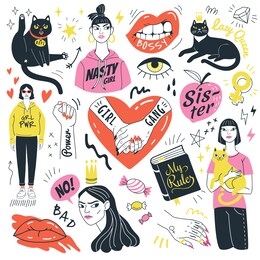 girls and cats collection. vector illustration of feminist symbols, girls and funny angry cats in doodle style. isolated on white background.
